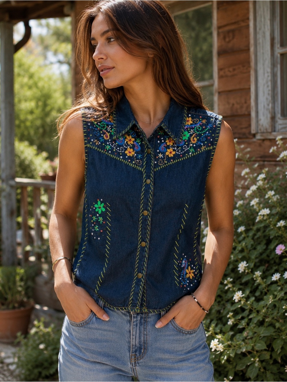 Martini Ranch Embroidered Western Boho Snap Button Sleeveless Denim Vest Medium